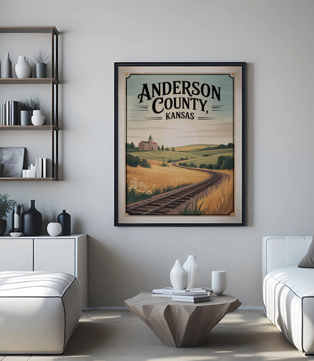Vintage travel poster for Anderson County, Kansas with train tracks and fields.