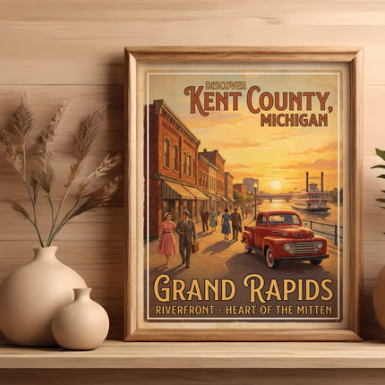 Vintage poster with "Discover Kent County, Michigan" and "Grand Rapids" text.