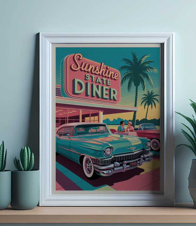 Retro artwork of a teal 1950s car outside a "Sunshine State Diner" with palm trees.