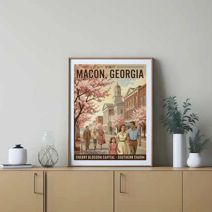 Vintage travel poster of Macon, Georgia with families walking under cherry blossoms.