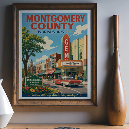 Montgomery County Kansas poster with Independence landmark and vintage car.