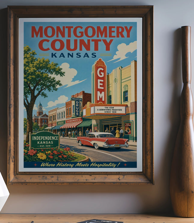 Montgomery County Kansas poster with Independence landmark and vintage car.