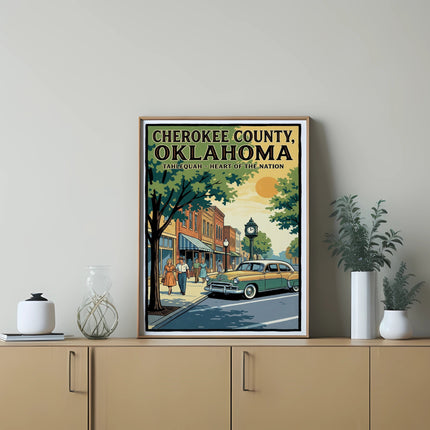 Cherokee County, Oklahoma vintage travel poster with Tahlequah - Heart of the Nation text.