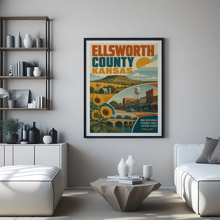 Ellsworth County Kansas travel poster with sunflowers, bridge, and buildings.