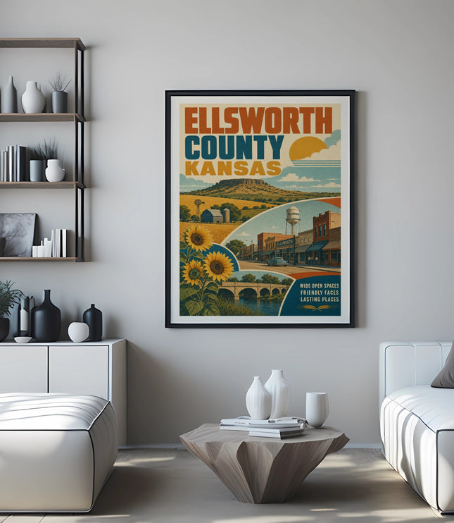 Ellsworth County Kansas travel poster with sunflowers, bridge, and buildings.