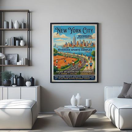 New York City Riverside Sports Complex vintage travel poster.
