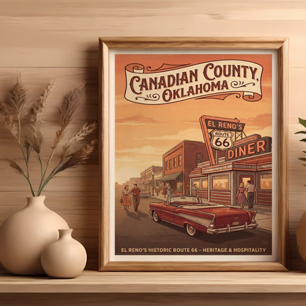 Canadian County, Oklahoma poster featuring El Reno's Route 66 diner with a classic car.