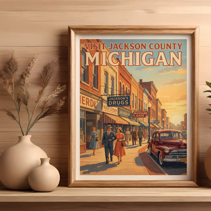 Vintage poster of Jackson County, Michigan street scene with people and classic car.