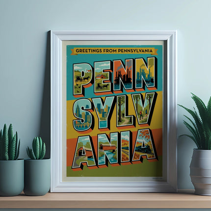 Greetings from Pennsylvania postcard with stylized cityscapes and text.