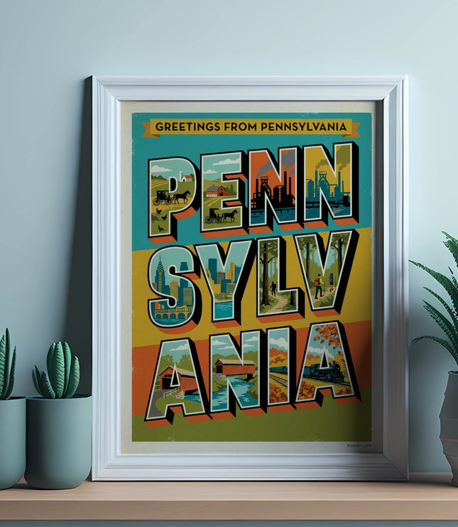 Greetings from Pennsylvania postcard with stylized cityscapes and text.