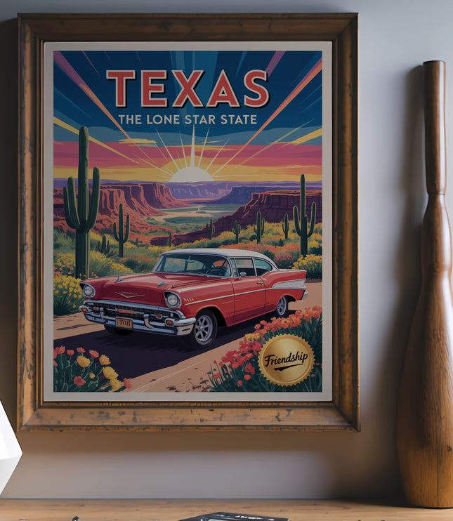 Texas Lone Star State poster with vintage red car and desert landscape.