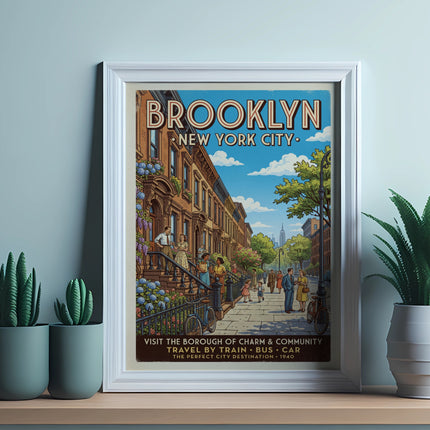 Brooklyn New York City travel poster with vintage street scene and text.