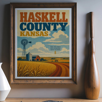 Haskell County Kansas poster with windmill, grain silo, and wheat field.