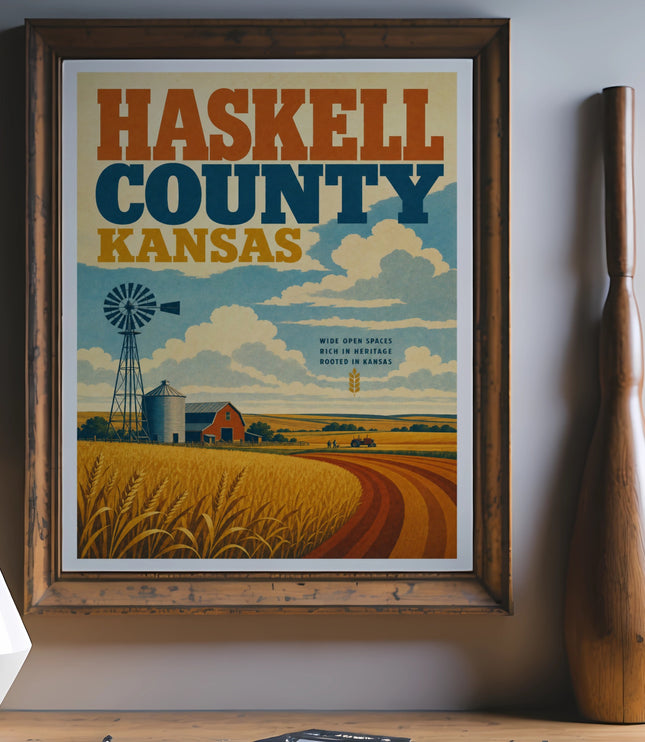 Haskell County Kansas poster with windmill, grain silo, and wheat field.