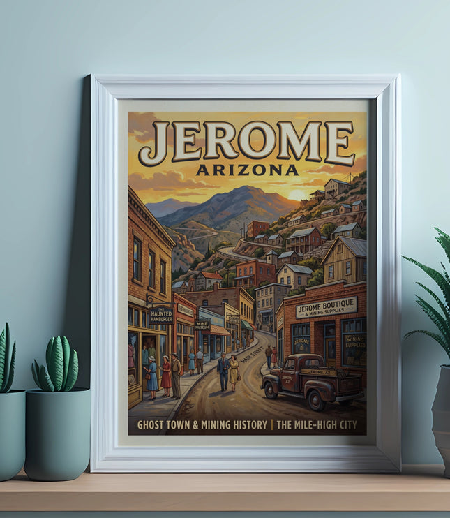 Jerome Arizona vintage travel poster showing a hilly street with businesses.