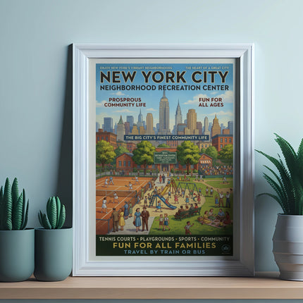 New York City Recreation Center poster with diverse activities and families.