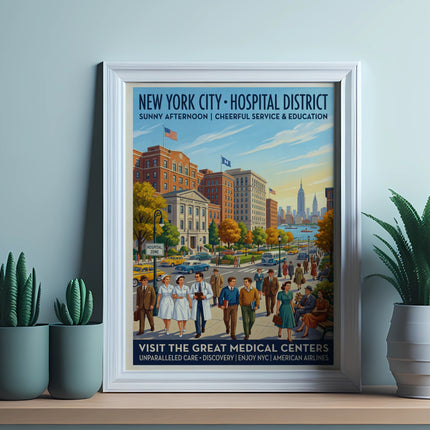Poster for New York City Hospital District featuring people and buildings.