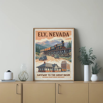 Ely, Nevada poster featuring a train, cars, buildings, and mountains.