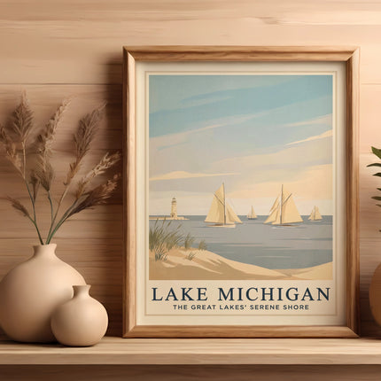 Lake Michigan art print showing sailboats on water with lighthouse.