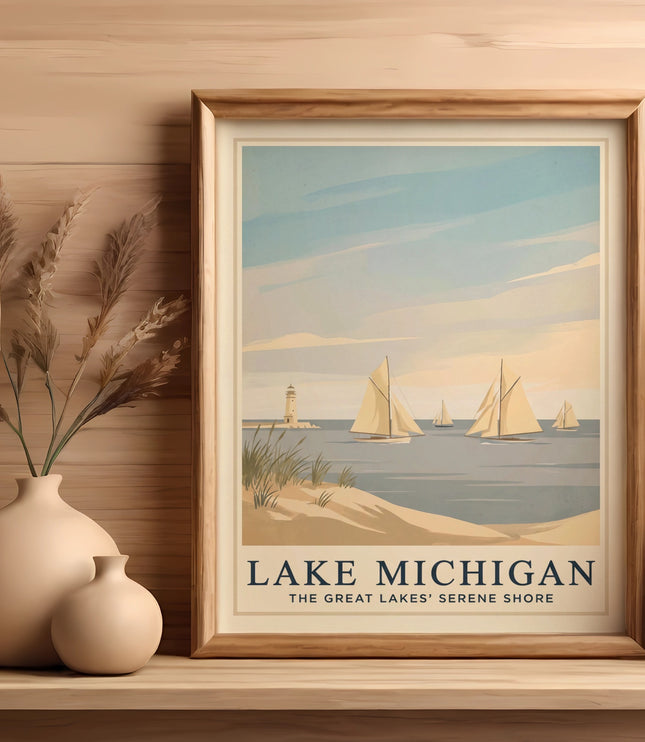 Lake Michigan art print showing sailboats on water with lighthouse.