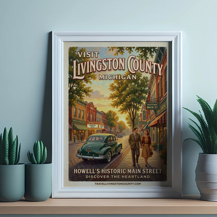 Vintage travel poster for Livingston County, Michigan, Howell's historic main street.