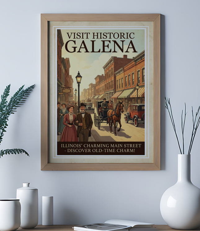 Visit Historic Galena poster depicting people, carriages, and vintage cars on a charming main street.