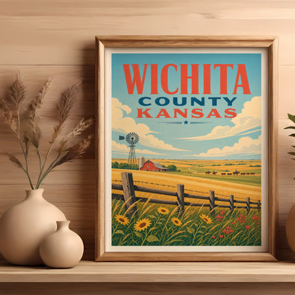 Framed print of Wichita County Kansas landscape with windmill, fields, and cattle.
