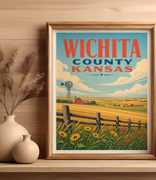 Framed print of Wichita County Kansas landscape with windmill, fields, and cattle.