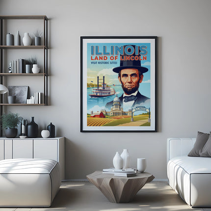 Vintage Illinois land of Lincoln poster with Abraham Lincoln and steamboat.