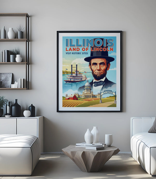 Vintage Illinois land of Lincoln poster with Abraham Lincoln and steamboat.