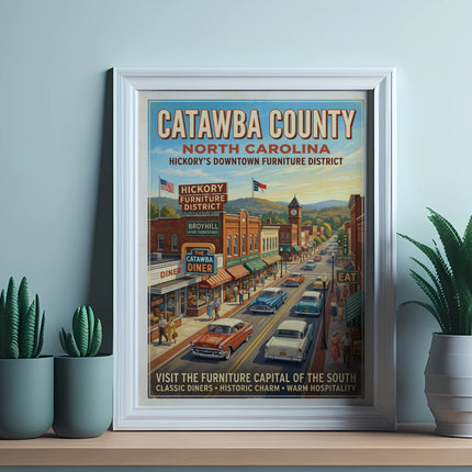 Catawba County North Carolina vintage travel poster showing Hickory's downtown furniture district.