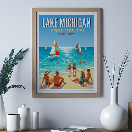 Vintage poster showing people relaxing on a beach with sailboats on Lake Michigan.