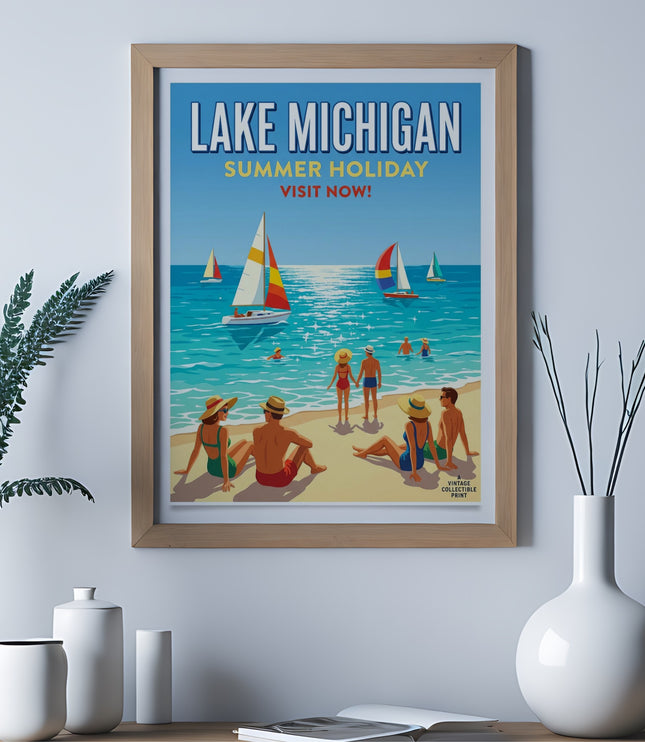 Vintage poster showing people relaxing on a beach with sailboats on Lake Michigan.