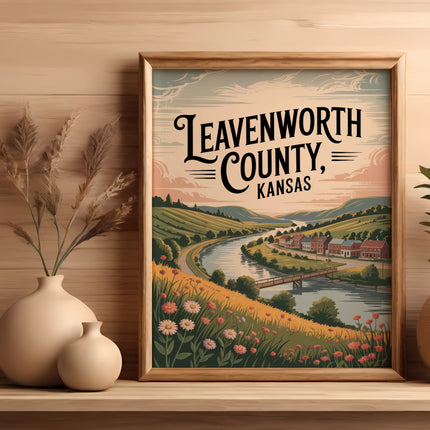 Leavenworth County, Kansas illustrated landscape with river, buildings, and wildflowers.