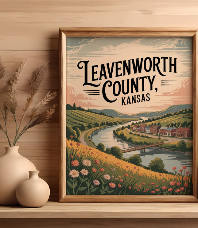 Leavenworth County, Kansas illustrated landscape with river, buildings, and wildflowers.