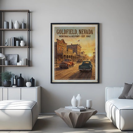 Goldfield, Nevada Heritage & History 1902 vintage poster with classic cars.