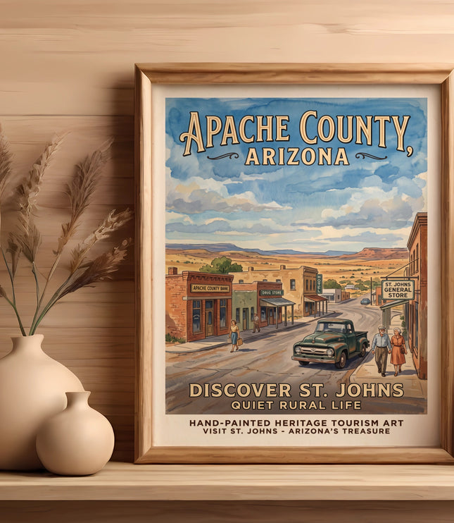 Vintage poster of Apache County, Arizona, depicting St. Johns street scene with shops and people.