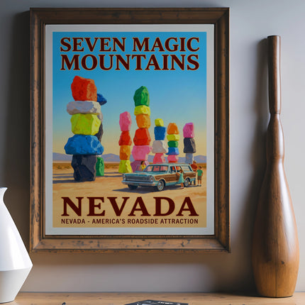 Poster for Seven Magic Mountains, Nevada, showing colorful rocks stacked high and a vintage car.