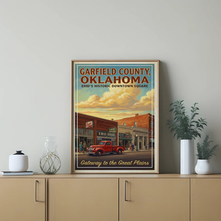 Garfield County, Oklahoma Enid's Historic Downtown Square poster with red truck.
