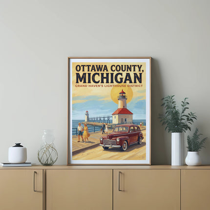 Ottawa County, Michigan poster of Grand Haven's lighthouse district with vintage car.