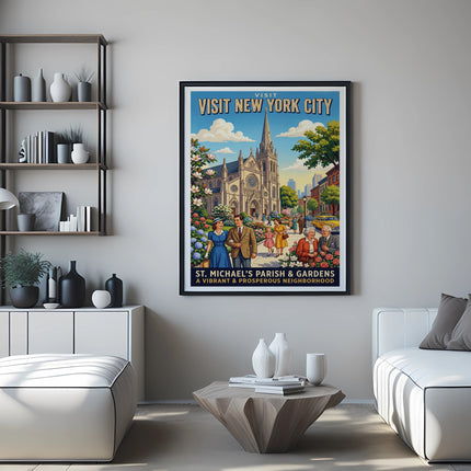 Poster for Visit New York City, featuring St. Michael's Parish & Gardens.