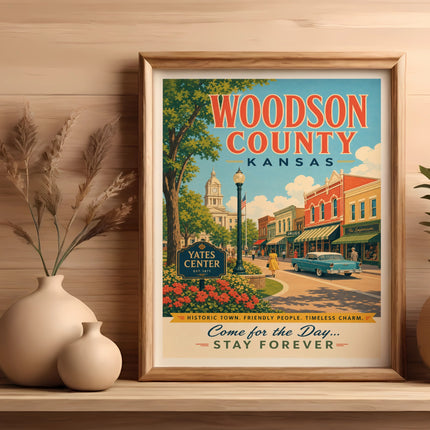 Woodson County Kansas vintage travel poster with town scene.