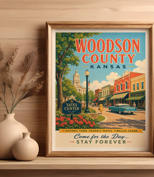 Woodson County Kansas vintage travel poster with town scene.