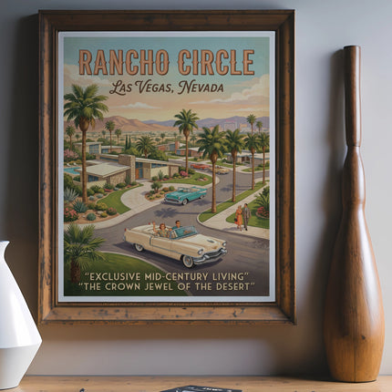 Retro poster for Rancho Circle, Las Vegas, Nevada, with mid-century homes and cars.