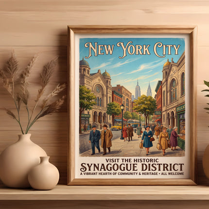 New York City vintage poster of a historic synagogue district with people walking.