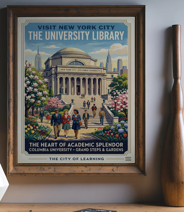 Vintage poster of Columbia University Library with text about New York City.