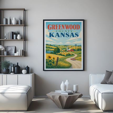 Poster of Greenwood County, Kansas landscape with barn, sunflowers, and red car.