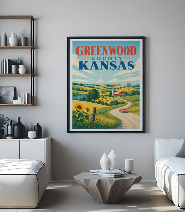 Poster of Greenwood County, Kansas landscape with barn, sunflowers, and red car.