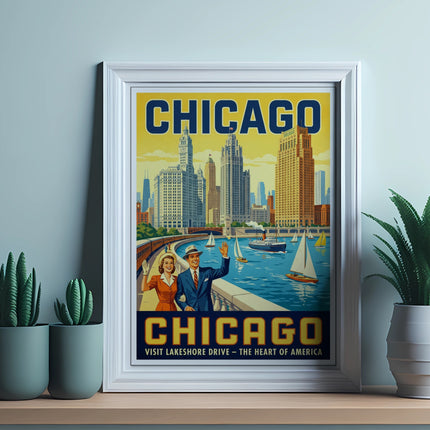 Vintage Chicago travel poster showing skyline, lakefront, and couple.
