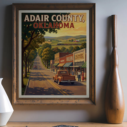 Adair County, Oklahoma vintage travel poster of a street scene with buildings and a truck.